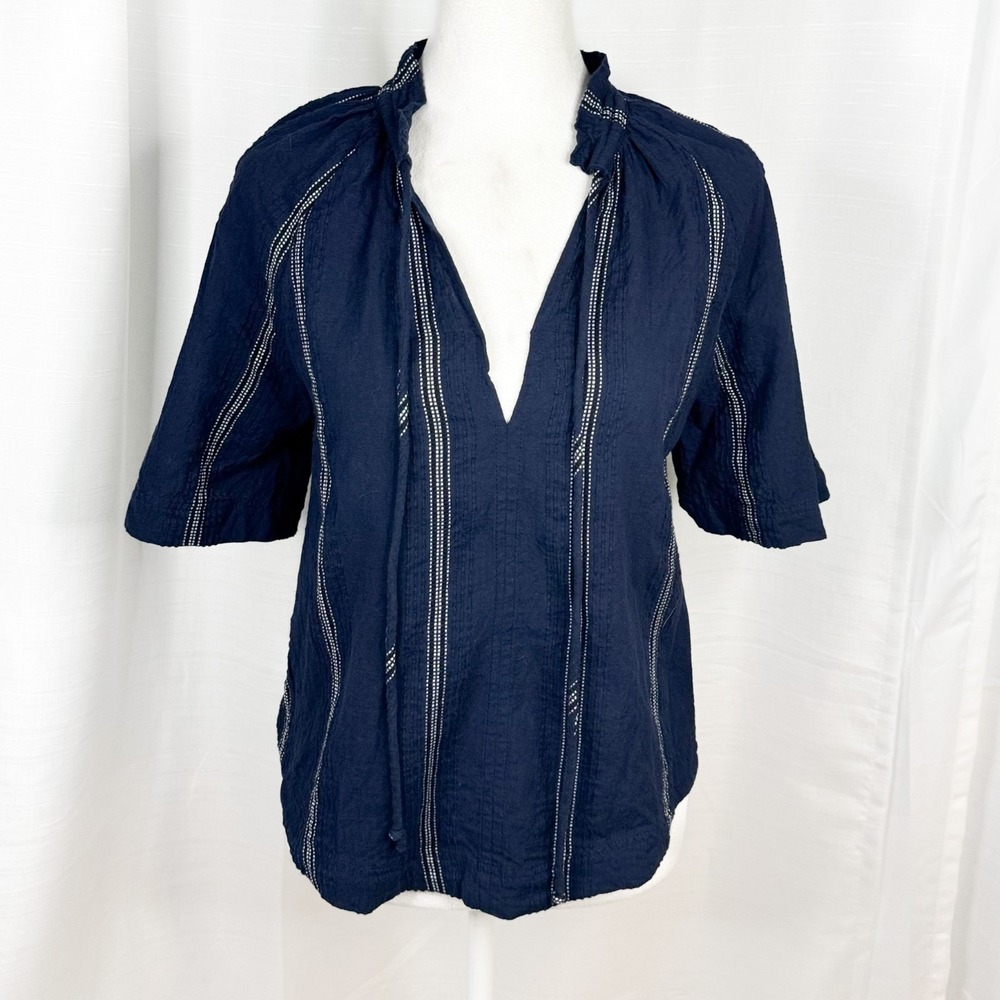 M.A.B.E Shirt Womens Small Navy Cotton Embroidered Stripe Tie Neck Boho Top